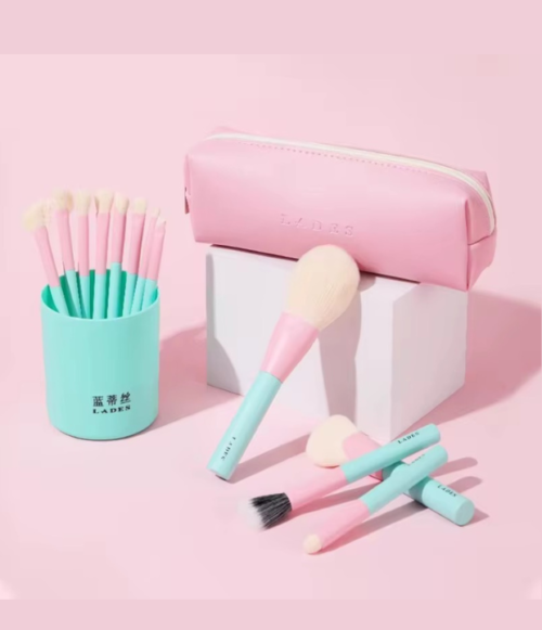 Set de 12 Pcs Turquesa/Rosada Brochas de Maquillaje LADES
