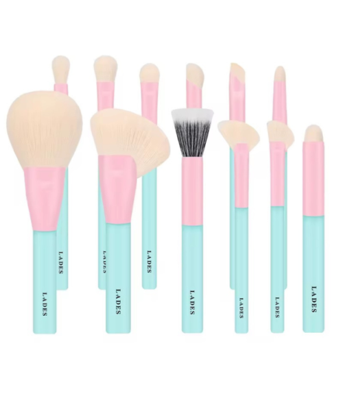 Set de 12 Pcs Turquesa/Rosada Brochas de Maquillaje LADES